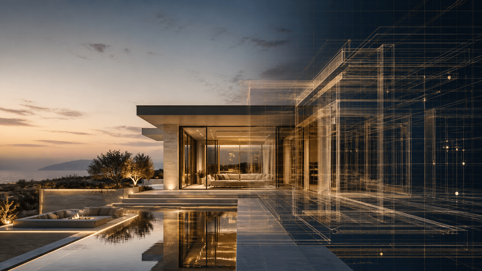 Sheltr Digital Twin visualization — a villa dissolving into its digital twin